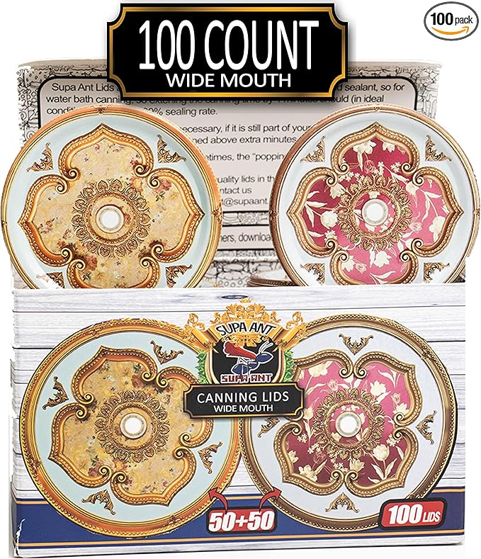 Supa Ant Wide Mouth Canning Lids (100pcs) Decorative Tin Canning Lids Wide Mouth (Versailles) Buckle Proof and Rust Proof - Perfect Fit Can Lid for Mason Jars Canning Supplies