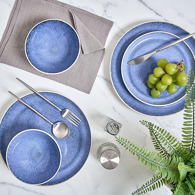 Sango Cove 12-Piece Blue Stoneware Dinnerware Set – Service for 4, Plate & Bowl Set, Blue with a White Speckled Underglaze, for Daily Dining & Entertainment, Microwave & Dishwasher Safe