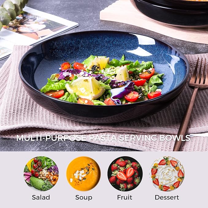 LERATIO Large Pasta Bowls,38oz Ceramic Pasta Bowls,9.0" Reactive Glaze Pasta Bowl Set of 6,Microwave & Dishwasher,Oven Safe,Wide Serving Bowls for Salad,Pasta,Fruit,Scratch Resistant-Blue