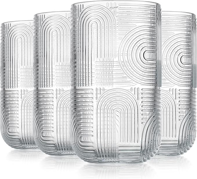 Glaver's Highball Glasses, 17 Ounce Embossed Designed Set of 4 Clear Kitchen Glassware For Home Bar Everyday Elegant Serving Coolers Urban Pattern Modern Drinking Glasses