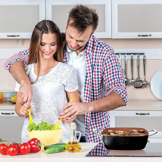 Moss & Stone 5 Pcs Black Copper Chef Cookware Non Stick Deep Frying Pan, Fry Basket, Steamer Rack, Dishwasher & Oven Safe, 5 Qt Deep Square Pan, Induction Copper Cookware Set - 9.5" x 3.5"