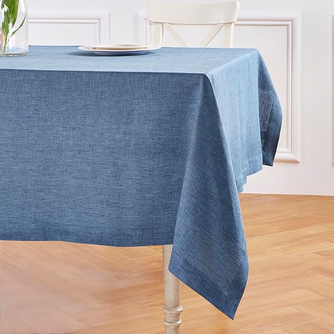 Solino Home Linen Tablecloth 60 x 90 Inch - 100% Pure Linen Blue Denim Table Cloth for Rectangular Tables - Athena, Machine Washable Cloth Tablecloth for Summer