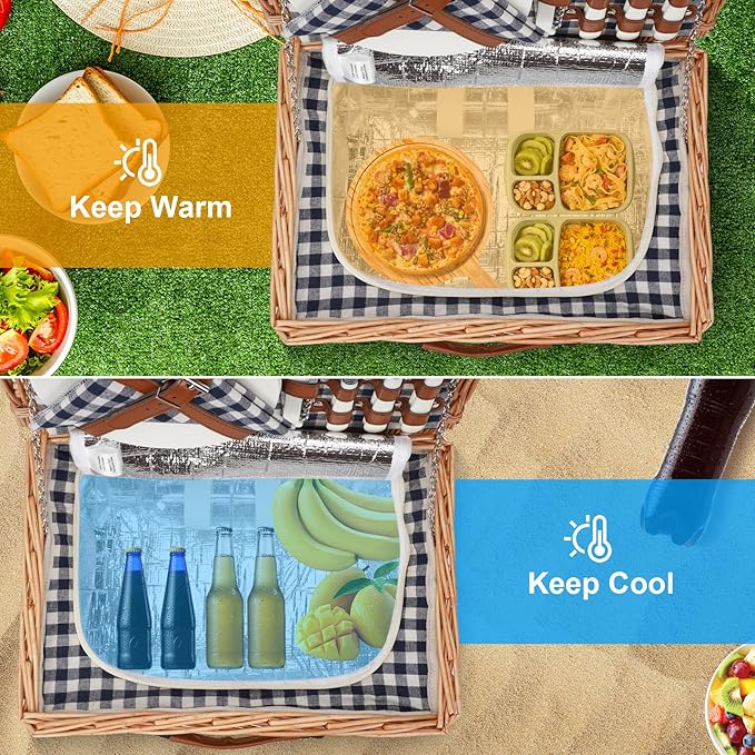 ZORMY Wicker Picnic Basket for 2 Person, Willow Hamper Basket Sets with Insulated Compartment, Handmade 2 Person Picnic Basket for Camping - BlueCheck