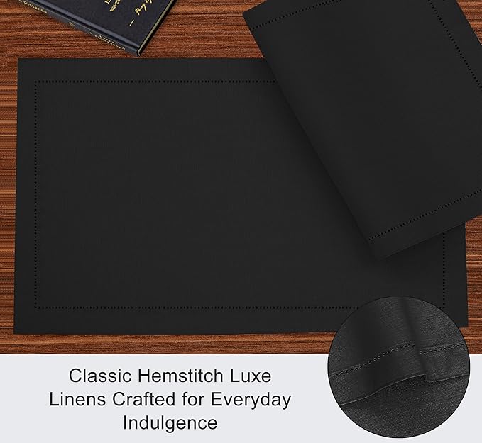 Ruvanti Linen Placemats Set of 6-13x19 Inch, Classic Hemstitch, Heat ‎Resistant Machine Washable Place Mats, Soft & Elegant- Perfect for Christmas, ‎Thanksgiving, Easter, Weddings, Dinner - Black
