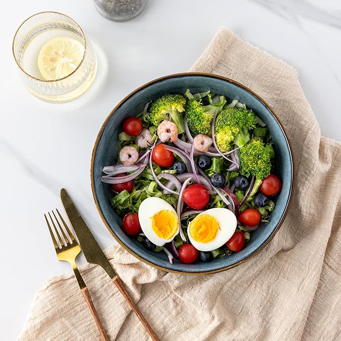 GBHOME 9'' Large Ceramic Pasta Bowls, 38oz Stoneware Pasta Serving Bowls Set of 4 for Kitchen, Wide Bowls for Fruit,Pasta,Salad,Oatmeal,Meal, Microwave Safe, Reactive Glaze-Space Blue