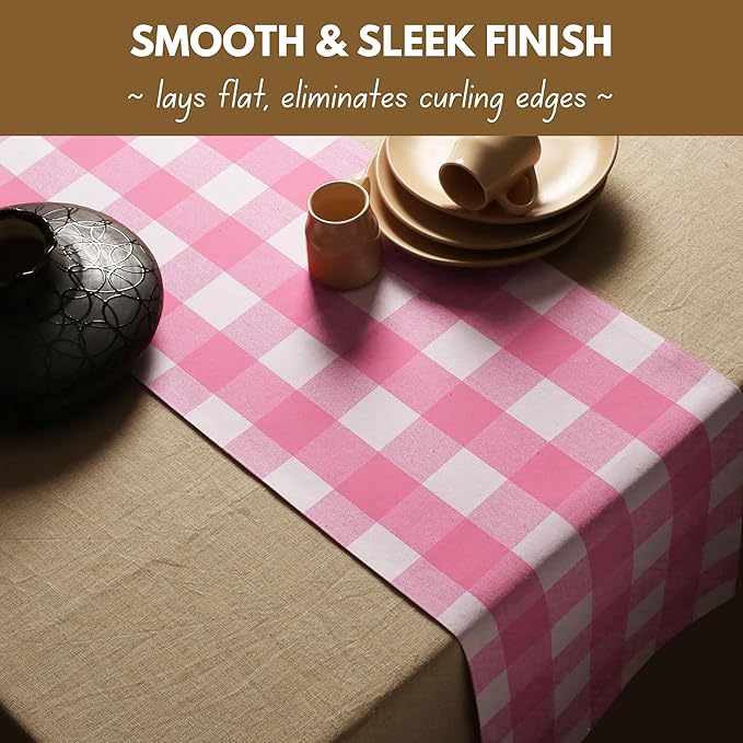 Native Fab Table Runner Buffalo Check Plaid 100% Cotton - 13x90 Inches Kitchen Dining Table Decoration for Indoor Outdoor Farmhouse Home Party Decor - Pink and White