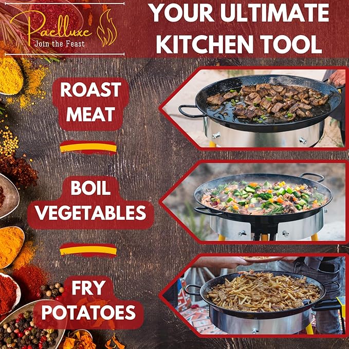 Paella Burner and Stand Set 20 Servings, 24 Inch Paella Pan, Dual Propane Outdoor Stove with Stand & Regulator, Portable Gas Cooker for Camping Crawfish Boil Cooking Outdoor, Paellera Propano