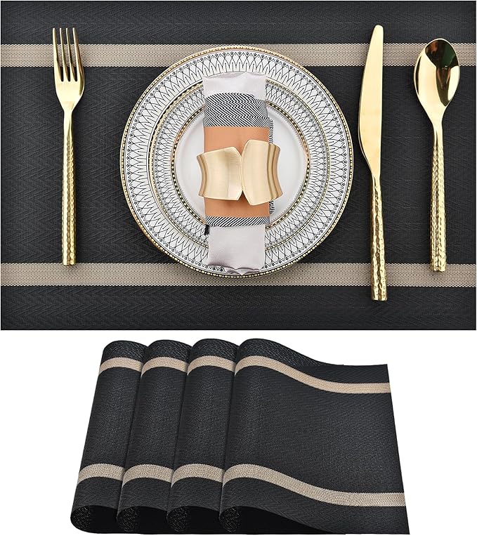 Black Placemats Set of 4 - Easy Clean Modern Durable Washable Vinyl Place Mats - Heat Resistant Placemats for Kitchen Table - PVC Table Mats for Dining Table (Black with Stripes, 4)
