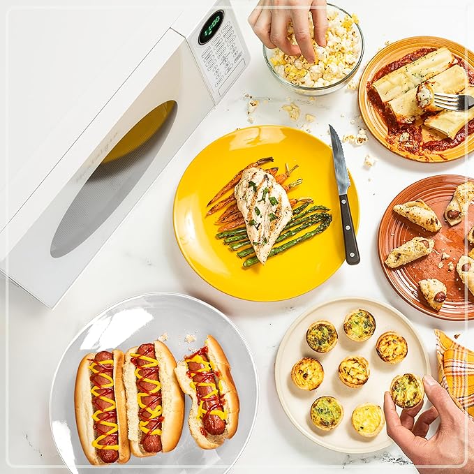 Nostalgia Modern Retro Countertop Microwave Oven - 700-Watt - 0.7 cu ft - Retro Microwave and Accessory Bundle with Popcorn Popper, Egg Poacher / Omelet Cooker, and Divided Plate with Cover - White