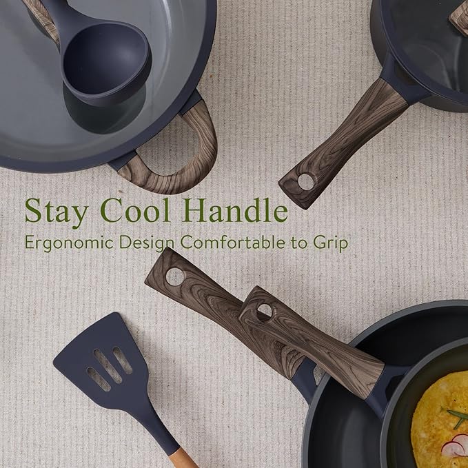 22Pcs Pots and Pans Set Non Stick Non-Toxic Ceramic Cookware Sets Nonstick Kitchen Pot and Pan Set With Lid Gray Granite Induction Compatible with Glass Lids 10" Griddles Frying Pan PFOA/PFOS-Free