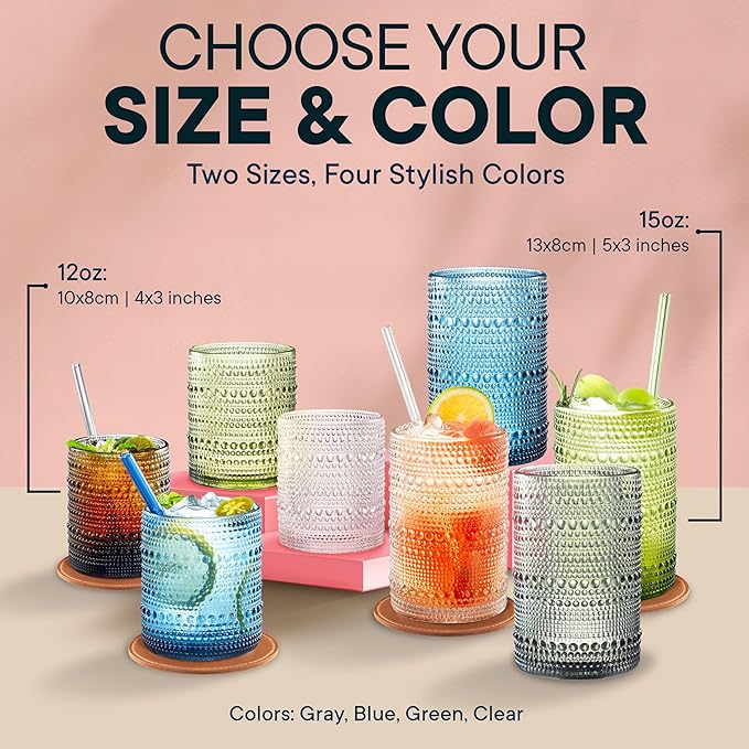 15 OZ Hobnail Drinking Set of 12 – Vintage Embossed Glassware, Textured Tumblers for Water, Beer, Cocktails, Mocktails, Whiskey & More – Includes Straws and Coasters – Clear