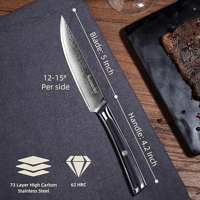 Sunnecko Damascus Steak Knife Set Non Serrated, Japanese VG10 Stainless Steel Steak Knife and Fork Set of 2, 5 Inch Steak Knives G10 Handle with Gift Box