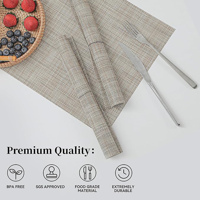Leetaltree Linen Yellow Placemats Set of 6 - Heat Resistant Non-Slip Place mats for Dining Table, Washable Durable PVC Vinyl Woven Table Mats（Linen Yellow, 6）
