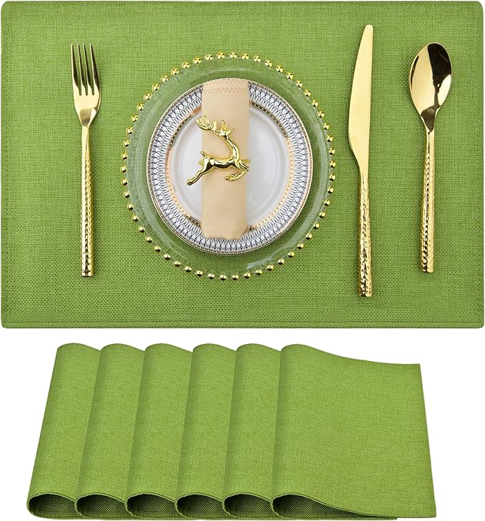 Green Cloth Placemats Set of 6 - Easy to Clean Fabric Table Placemats - Machine Washable Placemats- Heat Resistant Non-Slip Table Mats (Grass Green, 6)