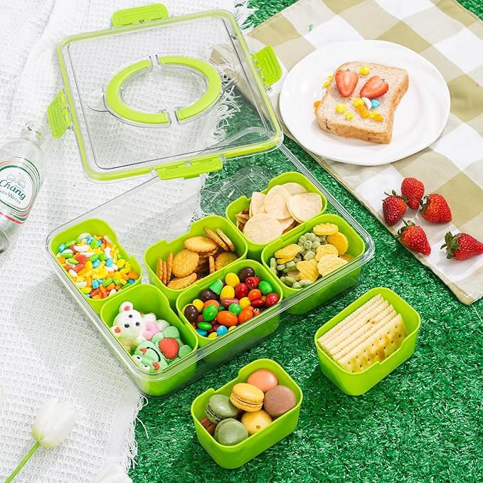 Divided Snack Serving Tray with Lid and Handle Travel Snackle Charcuterie Container Portable Storage Organizer for Candy, Fruits, Nuts, Snacks, Party, Picnic (1pack, Green)
