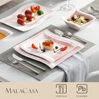 MALACASA Plates and Bowls Sets, 26 Pieces Pink Dinnerware Sets for 6, Porcelain Dinnerware Set with Dinner Plates and Bowls, Serving Platters, Square Dishware Sets, Modern Dish Set, Series Flora