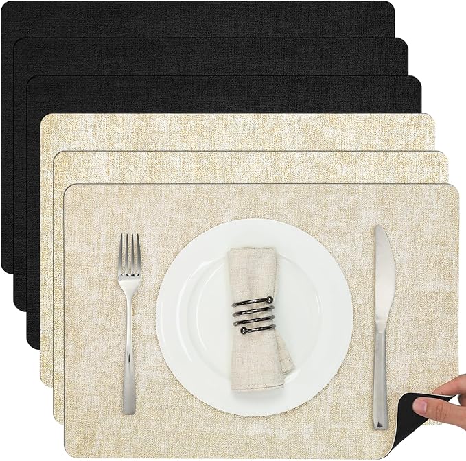 Myir JUN Dual Sided Faux Leather Placemats Set of 6 Indoor/Outdoor Square Non-Slip Washable Table Mats (Cream-White Black, Set of 6)