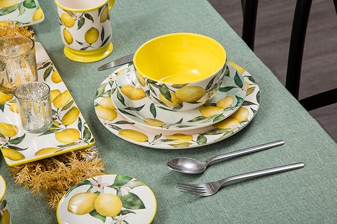 Bico Lemon Dreams Cereal Bowls Set of 4, 26 oz Deep Ceramic Soup Bowls for Cereal, Salad, Noodles, Kitchen, Microwave and Dishwasher Safe, Gift for Housewarming and Thanksgiving