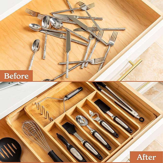SMIRLY Silverware Drawer Organizer – Bamboo Kitchen Drawer Organizer, Adjustable Utensil Holder and Cutlery Tray, Drawer Dividers for Flatware and Kitchen Utensils