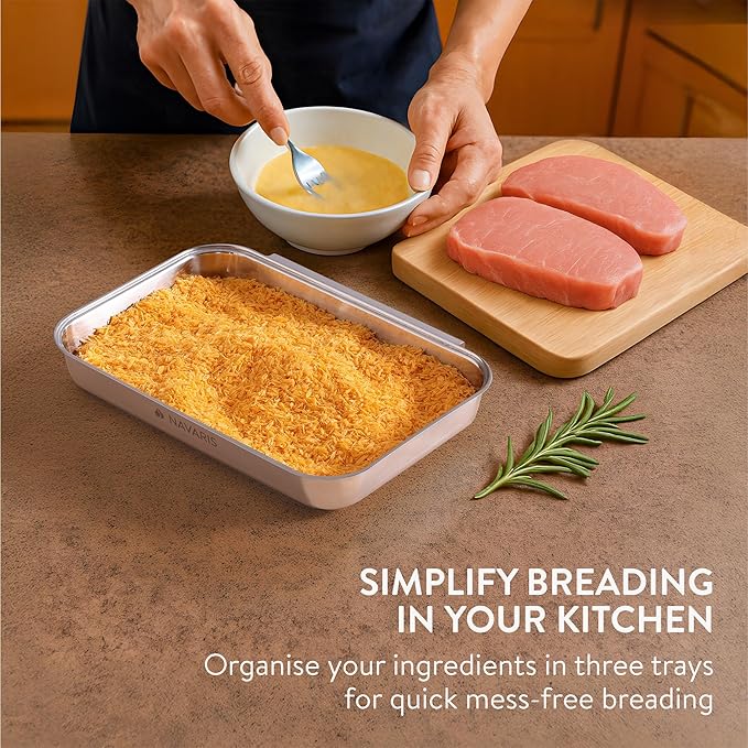 Navaris Breading Trays Set - Toaster Oven Pan - 3 Stainless Steel Trays for Food - Stainless Steel Tray for Bread Crumb Dishes Panko Schnitzel - Breading Tray for Fish and Meat