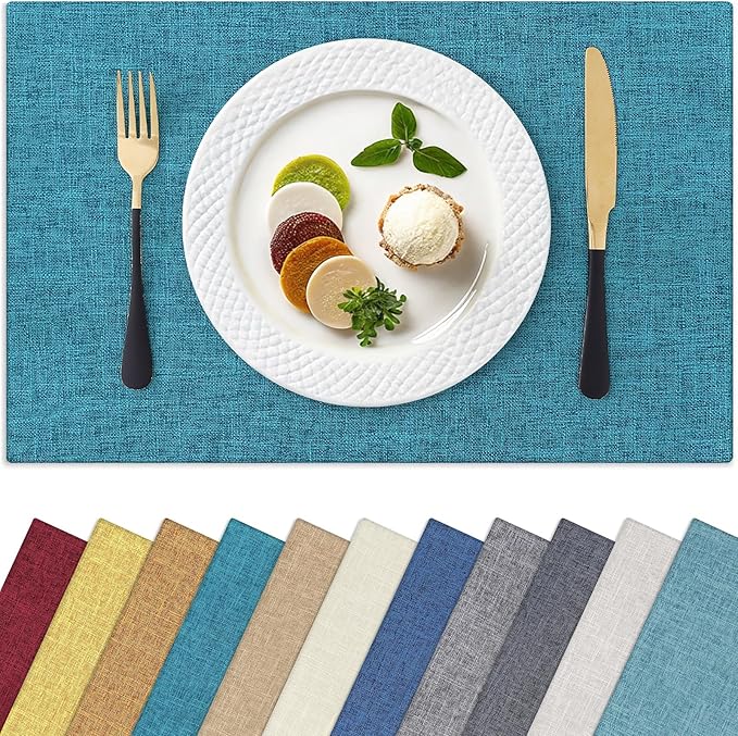 Homaxy Cloths Placemats for Dining Table Set of 4, Heat Resistant Washable Cotton Linen Blend Table Mats, Easy to Clean Place Mats for Indoor Outdoor Party Kitchen Decoration, 13" x 19", Teal
