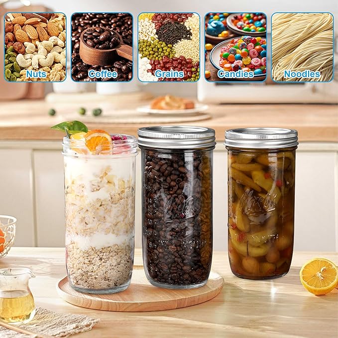 Mason Jars Wide Mouth 24oz, 10 pack Glass Pickle Canning Jars Food Storage With Airtight Mason Jar lids and Bands for Canning, Preserving, Fermenting, Pickling for Microwave/Freezer/Dishwasher