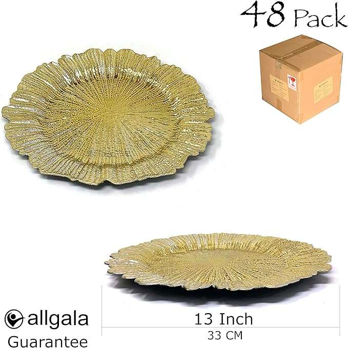 Allgala Heavy Quality Round Charger Plates - Gold Chargers for Dinner - Set for Table Decor - Ideal for Weddings, Thanksgiving Parties & Holidays - Reef Gold (13-Inch 48-Pack)