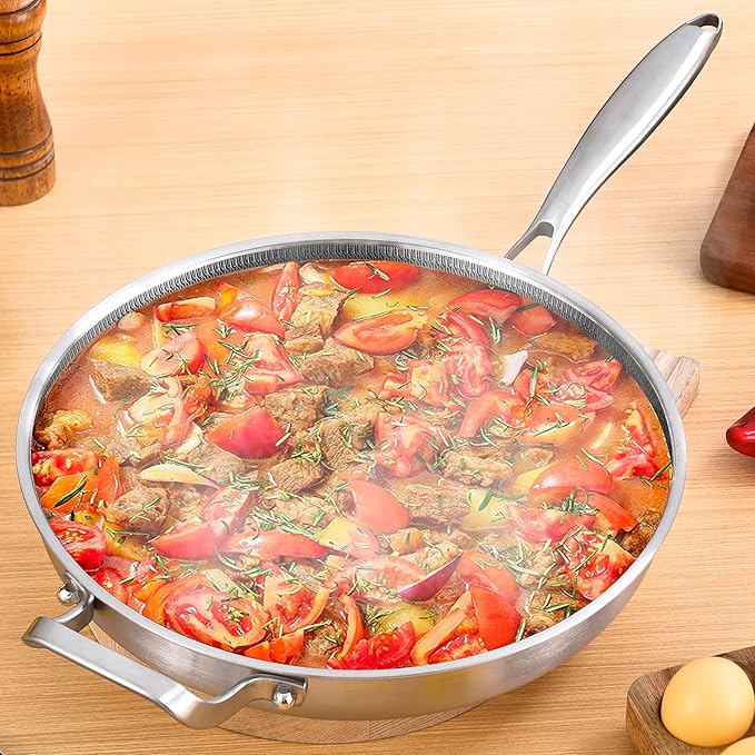 Inqibee 12-Inch Hybrid Tri-Ply Stainless Steel Non Stick Chef's Frying Pan with Lid and Helper Handle,Skillet,Induction Cooking Pan,Dishwasher and Oven Safe