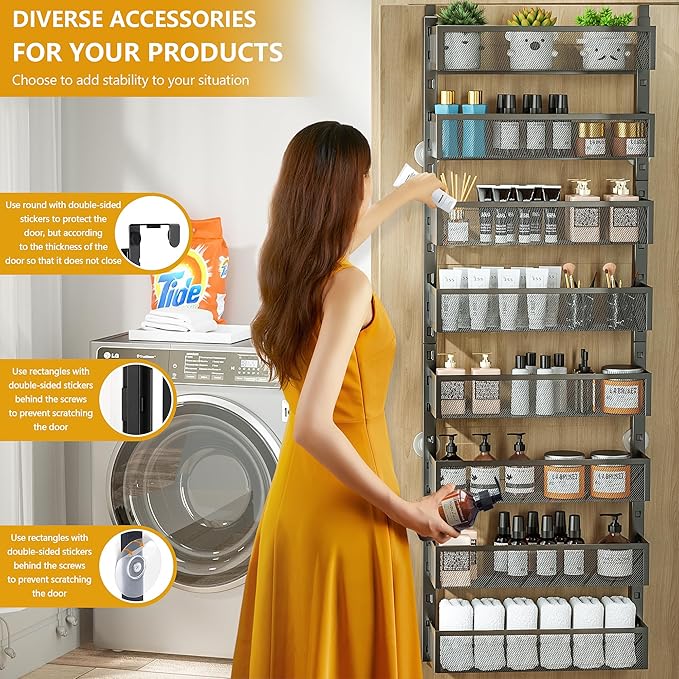 8-Tier Over The Door Pantry Organizer with Mesh Baskets, Adjustable & Stable Hanging Spice Rack for Kitchen, Bathroom, Bedroom, and Baby Essentials Storage (16" W 8-Tiers, Black)