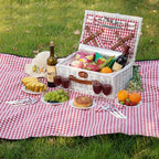 HappyPicnic Fitted Picnic Baskets Cooler Set for 4 Persons with Large Waterproof Picnic Blanket, Insulated Compartment and Cutlery Service Kit-Red
