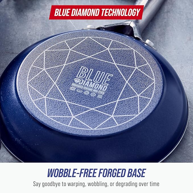 Blue Diamond 12" Nonstick Frying Pan Skillet, Diamond Infused PFAS & PTFE-Free Ceramic Pot, Dishwasher & Oven Safe, Stay Cool Handle, Durable Non Toxic Metal Utensil Safe, Egg & Omelet Pan, Blue