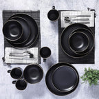 Gibson Home Rockaway Round Stoneware Dinnerware Set, Service for 4 (16pcs), Black/Gold Rim