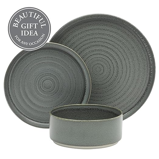 Gibson Elite Echo Bay 12 Piece Porcelain Reactive Glaze (Service for 4) Ceramic Plates and Bowls Modern Stackable Dinnerware Set - Blue