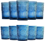12pcs Vintage Drinking Glasses Set, 12 oz Highball Glasses & 9 oz Embossed Ribbed Glassware Cups for Cocktail, Water, Juice, Coffee, Whiskey (Blue)