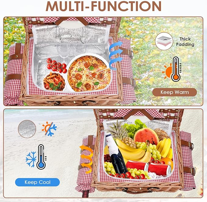 Picnic Basket for 2, Picnic Baskets with Waterproof Blanket, Picnic Hamper Set with Washable Beach Mat & Large Insulated Cooler Compartment, Handmade Natural Wicker Hamper for Camping, Outdoor Party