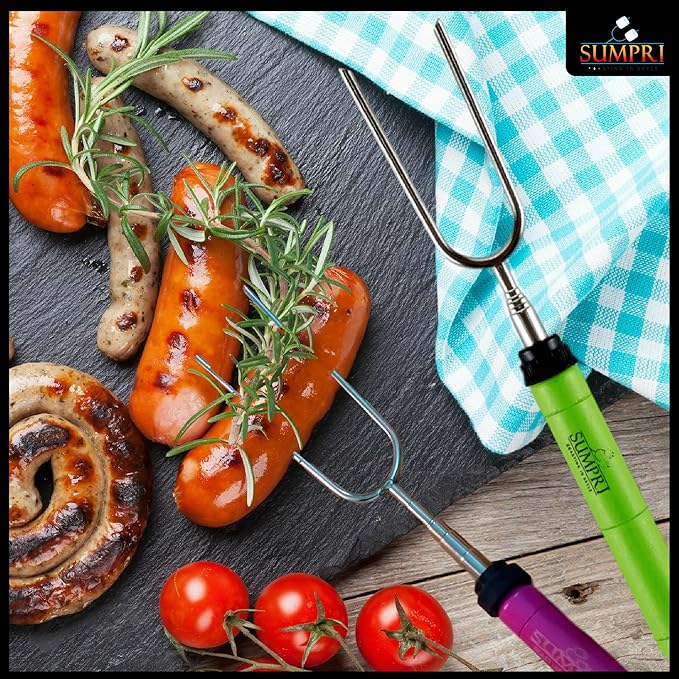 Smores Sticks For Fire Pit - Marshmallow Roasting Sticks For Campfire, Rotating Smore Sticks Set of 6 - Safe, Fun Telescoping Multicolored 34 Inch Hot Dog Sticks - SUMPRI Long Camping Skewers