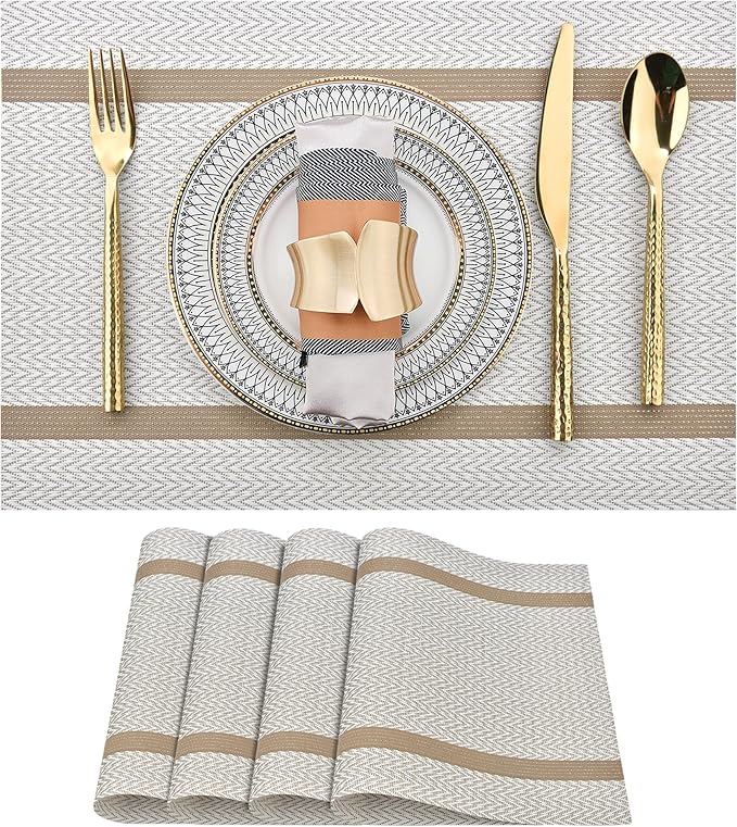 Beige White Placemats Set of 4 - Easy Clean Modern Washable Plastic Place Mats - Heat Resistant Placemats for Kitchen Table - PVC Table Mats for Dining Table(Beige White with Stripes, 4)