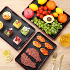 Rtteri Set of 4 Large Serving Platter Set 15/14/13/12 Inch Heavy Plastic Serving Trays Unbreakable Rectangular Platter Reusable Wood Grain Tray for Buffet Wedding Christmas Party(Black and Red)