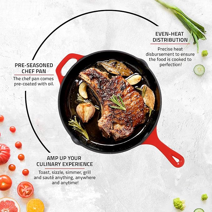 Utopia Kitchen Saute Frying Pan 12 Inch, Cast Iron Chefs Pan, Pre Seasoned Cast iron Skillet With Lid, Safe Grill Cookware for Indoor & Outdoor Use, Red