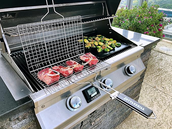 Foldable BBQ Fish Grill Basket with 430 Stainless Steel, Grill Set Includes: a Reusable Grill mat and a basting Brush.