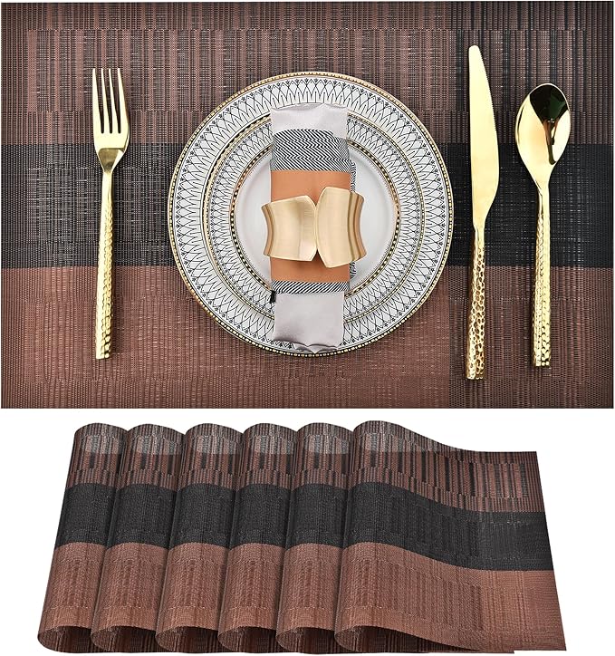Placemats Set of 6 - Easy Clean Modern Durable Washable Vinyl Place Mats - Heat Resistant Placemats for Kitchen Table - PVC Table Mats for Dining Table (Brown Black, 6)