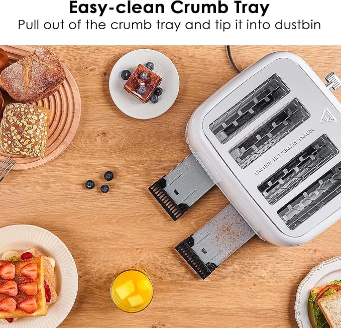 Roter Mond Toaster 4 Slice Retro Stainless Steel with Extra Wide Slots Bagel, Defrost, Reheat Function, Dual Independent Control Panel, Removable Crumb Tray, 6 Browning Levels, White