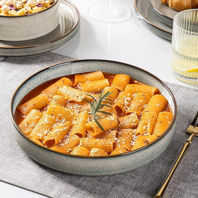 GBHOME 9'' Large Ceramic Pasta Bowls, 32oz Stoneware Pasta Serving Bowls Set of 4 for Kitchen, Wide Bowls for Fruit,Pasta,Salad,Oatmeal,Meal, Microwave Safe, Reactive Glaze-Green Wheat