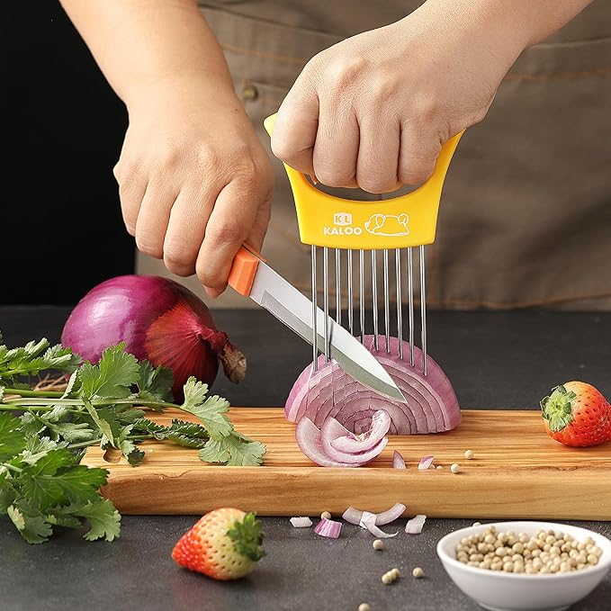 2PCS Onion Slicer Holder, Kaloo Stainless Steel Onion Cutter for Slicing and Storage Onions, Tomato, Vegetable and Eggs, Protective Cover Included, Dishwasher Safe (Stylish Orange+ Yellow Color)