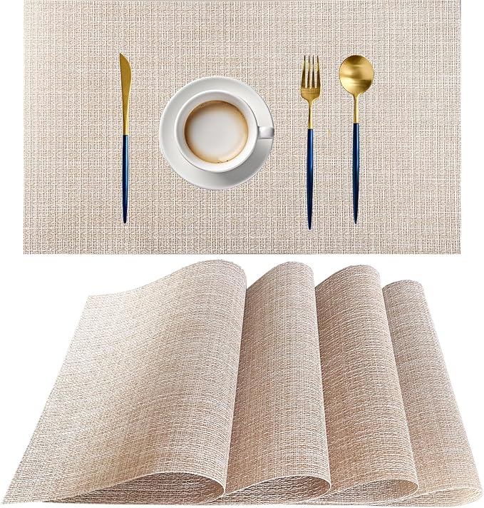 PIGCHCY Beige Placemats Set of 4 Vinyl PVC Durable Place Mats for Dining Table,Heat Resistant Non-Slip Woven Tabel Mats (18x12 inches, Beige)