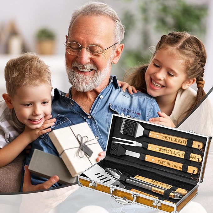 Grandpa Gifts from Grandkids, Grilling Gift Heavy Duty Wooden BBQ Grilling Accessories Kit, Thick Stainless Steel Grill Utensils with Non-Slip Handle Tools in Portable Bag on Christmas