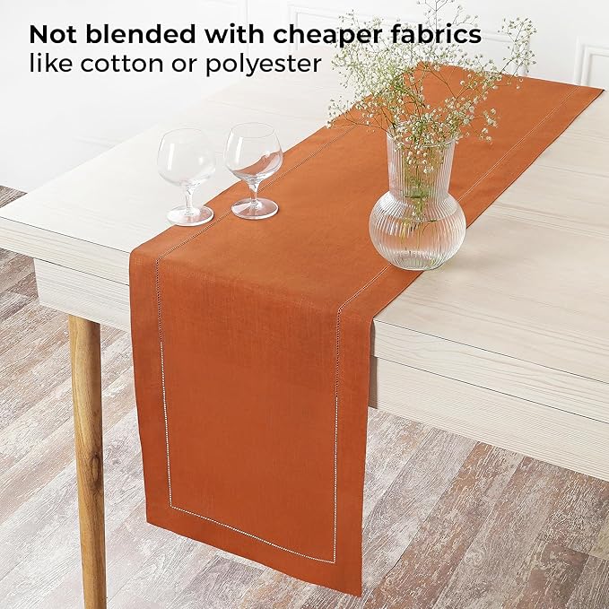 D'Moksha Homes Linen Rust Table Runner 72 Inches Long - 100% Pure Linen Hemstitch Table Runner 14 x 72 Inch for Dresser, Dining and Fall, Halloween - Classic Hemstitch