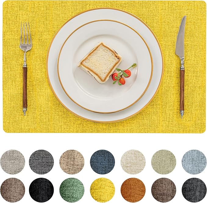 Romanstile Vinyl Placemats Set of 4-12 X 18 Inch - Heat Resistant Place Mats 100% Waterproof Oilproof Wipeable Reversible Faux Leather Table Mats for Kitchen/Dining/Party/Outdoor, Yellow