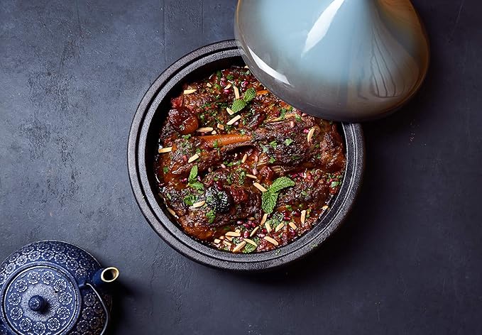 KooK Moroccan Tagine, Enameled Cast Iron Cooking Pot, Tajine with Ceramic Cone-Shaped Closed Lid, 3.3 QT, (Stone Blue)