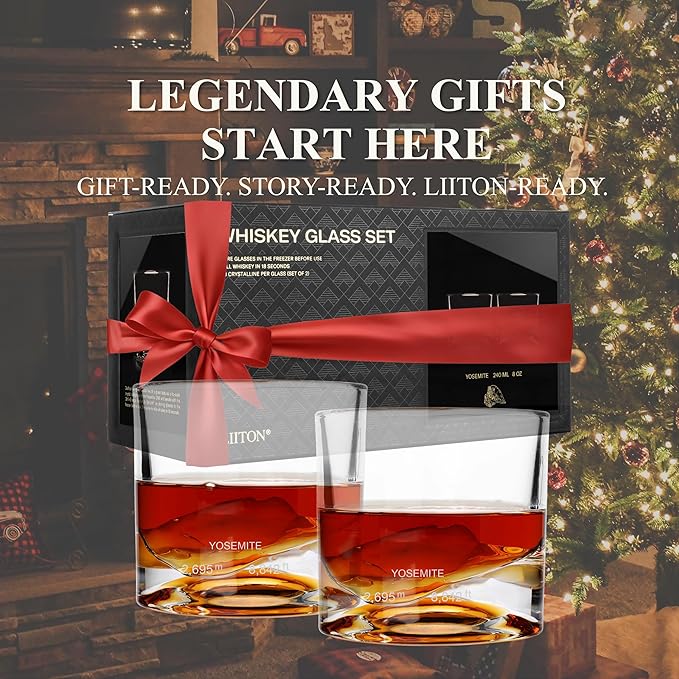 LIITON Yosemite Heavy Crystal Whiskey Glasses Gift Set of 2, Thick Freezable Bourbon Glass 1lb Each, Premium Whiskey Gifts for Men, Frozen Crystal Chills Cocktails, 10 oz